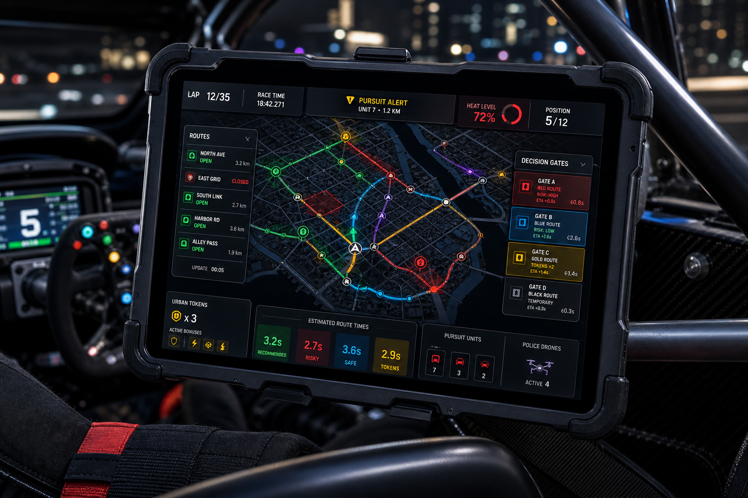 Tablet oficial del copiloto con mapa táctico de rutas y Heat
